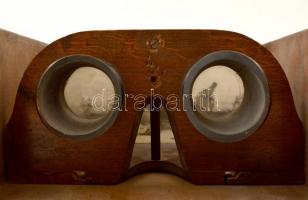 XX. sz. eleje: Sztereókép néző készülék. Fa testtel, rajta sérülések, hozzá 34 db I. világháborús sz...