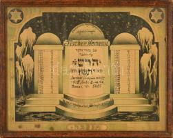1925 Zsidó halotti emlékgyertya gyújtási naptár. Rajzos oklevél üvegezett keretben 37x30 cm