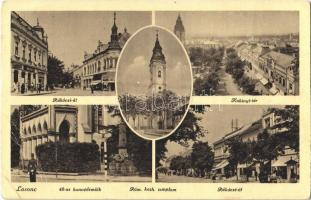 1944 Losonc, Lucenec; Rákóczi út, üzletek, Kubinyi tér, 48-as honvéd emlékmű, rendőr, Rákóczi út. Filó Marcel kiadása / street view, shops, square, Hungarian military monument, policeman (EB)