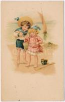 Children on the beach. litho, mini card (10,8 x 7 cm)