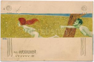 Aus Arkadien IV. Nymph with Satyr. B & S Wien Serie No. 1040. Art Nouveau litho s: Raphael Kirchner (hole)