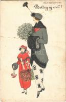 1927 Boldog Új Évet! / Lady with girl. B.K.W.I. 3142-4. s: Mela Koehler (fl)