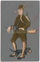 Vadász puskával és kutyával. textillap / Hunter with gun and dog. textile card (Rb)