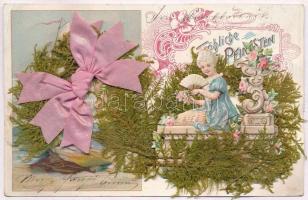 1905 Fröhliche Pfingsten! / Pentecost. Art Nouveau litho postcard with real ribbon and flower