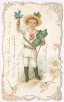 1903 Csipke díszítéses dombornyomott virágos litho üdvözlőlap / Embossed litho greeting art postcard with lace decoration (EK)
