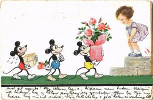 1931 Mickey Mouse, early Disney art postcard. W.S.S.B. 8876. + ÚJDOMBÓVÁR - JUTAS 226 A vasúti mozgóposta bélyegző (worn corners)