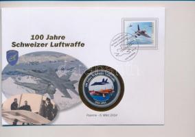 Svájc 2014. "100 Jahre Schweizer Luftwaffe" részben festett, ezüstözött fém emlékérem, érmés borítékban bélyeggel, bélyegzéssel T:PP Switzerland 2014. "100 Jahre Schweizer Luftwaffe" partly painted, silvered metal commemorative medallion in coin envelope with stamps and cancellations C:PP