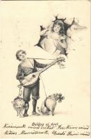 1904 Boldog új évet / New Year, children with pigs