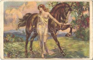 Gently erotic lady with horse. Italian art postcard. Anna & Gasparini 439-4. s: T. Corbella (EK)