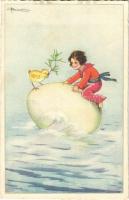 Italian art postcard, girl with egg. Degami 98. s: Busi