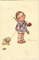 1928 Italian art postcard, child with dog. 1922-3. s: E. Colombo