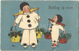 Boldog új évet / New Year, clowns. Meissner & Buch Kunstler-Postkarten Serie 2550. s: Aso (tears)