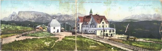 Renon, Ritten (Südtirol); Hotel Oberbozen am Ritten mit den Dolomiten / hotel, rack railway, tramcar. folding panoramacard (hajtásnál szakadt / torn at fold)