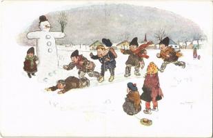Winter, children with snowman. Nr. 2646/5. s: Pólya Tibor