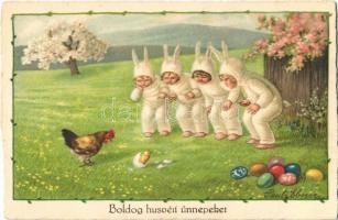 Boldog húsvéti ünnepeket / Easter, children in bunny costumes. A. R. Nr. 2462. litho s: Pauli Ebner