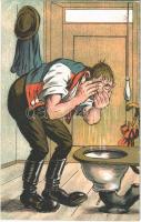 Drunk man washing face in the toilet. humour litho, J.S. u. Co. M. Nr. 571. (EK)