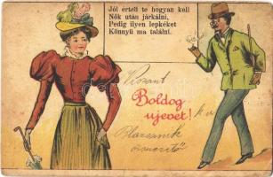 1904 Jól érted te hogyan kell nők után járkálni, pedig ilyen lepkéket könnyű ma találni. Boldog újévet! / New Year greeting, bachelor humour, litho (fa)