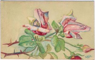 1917 Rózsa. Kézzel festett művészlap / Rose. Hand-painted art postcard s: Sági Kálmán