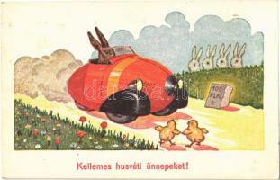 1939 Kellemes húsvéti ünnepeket / Easter, egg automobile with rabbits