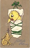 Fröhliche Ostern / Easter, baby chick with rabbit. Special S.B. 5304. litho