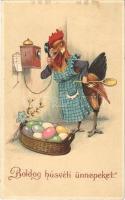 1914 Boldog húsvéti ünnepeket / Easter, rooster talking on the phone. litho