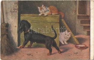 1917 Cats with dog, artist signed (worn corners)