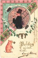 Boldog újévet! / New Year. Art Nouveau, floral, Emb. litho silk card (EK)