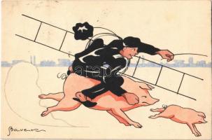 1930 New Year. chimney sweeper riding on a pig. Hand-drawn