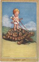 1914 Hurry up! / Cupid on turtle. The Photochrom Co. Ltd. Celesque Series B. s: Flora J. White