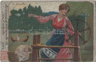 Al filarello / Italian art postcard, spinning lady, folklore. Cartolina Abruzzo s: B. Cascella