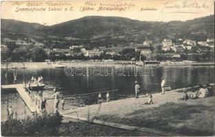 1914 Dolní Zálezly, Salesel; Sommerfrische (Böhm. Mittelgebirge), Badeleben. Verlag Johannes Leonhardt / holiday resort, beach life, bathing people, steamship (fl)