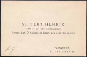 cca 1895 Seifert Henrik tekeasztalgyáros, a Perzsa Sah Ö felsége és Szerb királyi udvari szállító névjegykártyája