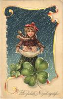 1916 Herzlichste Neujahrsgrüsse / New Year, girl with pigs and clover. EAS 17281/17282. Art Nouveau Emb. litho (EK)