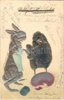 Easter greeting with rabbit and chicken. P.F.B. Serie 8736. Emb.
