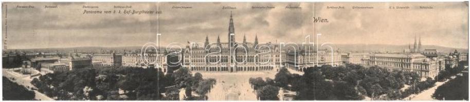 1906 Wien, Vienna, Bécs I. Panorama von k. k. Hof-Burgtheater aus / 3-tiled folding panoramacard, view from the theatre, town hall, tram. K. Ledermann 37 P 3 (slightly torn at fold)
