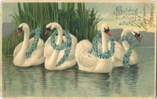 1907 Boldog új évet! / New Year greeting with swans. Emb. litho (EK)