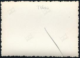 1938 A Toldi I. magyar fejlesztésű harckocsi terepteszten, háttérben a mérnökökkel, fotó, 8,5×6 cm