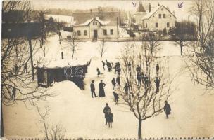 Mikulásovice, Nixdorf; general view in winter, villa, children playing in the snow. photo