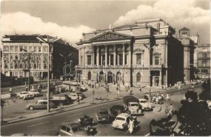 Budapest - 3 db modern városképes lap: Blaha Lujza tér, Nemzeti Színház, villamos, autóbusz, automob...