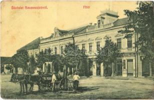 1910 Szamosújvár, Gherla; Fő tér, Flórián Jenő és Todorán E. üzlete. W.L. 1890. / main square, shops (fa)