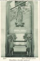 Győr, Szent Orsolya zárda - 4 db régi képeslap képeslapfüzetből: kert, Mária kongregáció oltára, Lép...