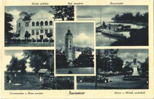 1940 Dunavecse, Járási székház, Református templom, Duna, csónakok, teniszpálya a Duna partján, teniszezők, Fő tér, Hősök szobra, emlékmű (EK)