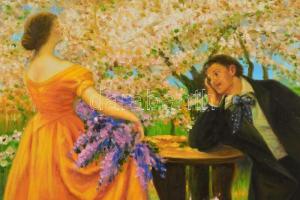 Szerelmespár (Csók István után). Olaj, vászon. 51x90 cm Keretben