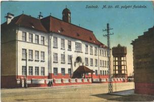 Szolnok, M. kir. áll. polgári fiúiskola, víztorony, fűszer és csemege üzlet. Gettler József kiadása