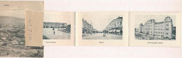 1915 Sátoraljaújhely, látkép. leporellolap belül Széchenyi téri piac, Hősök emlékoszlopa, vasútállom...