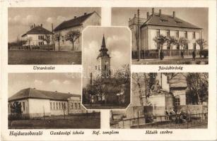 1950 Hajdúszoboszló, utca, Járásbíróság, Gazdasági iskola, Református templom, Hősök szobra, emlékmű (EK)