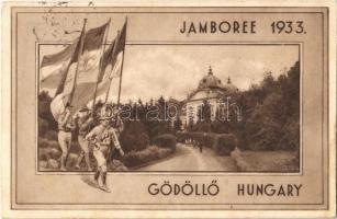 Gödöllő, Cserkész Jamboree 1933 / International Scouting Jamboree in Hungary, boy scouts with flags + So. Stpl