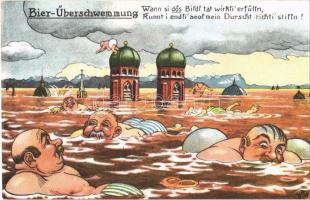 Bier-Überschwemmung / Beer flood, humour with drunk men. Heliocolorkarte von Ottmar Zieher