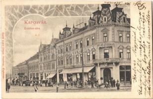 1905 Kaposvár, Erzsébet utca, Erzsébet szálloda, piac, bódék, üzletek. Szabó Lipót kiadása