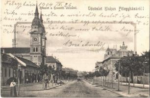 1904 Kiskunfélegyháza, Kossuth utca, templom, üzletek. Feuer Mihály kiadása